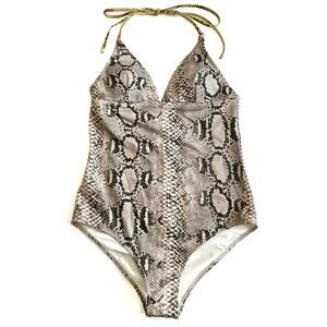 STELLA MCCARTNEY snakeskin snake print one piece halter swimsuit tan black Sz S